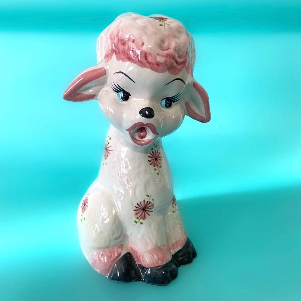 Vintage 70s lamb sheep Italian ceramic piggy bank home decor figurine boho